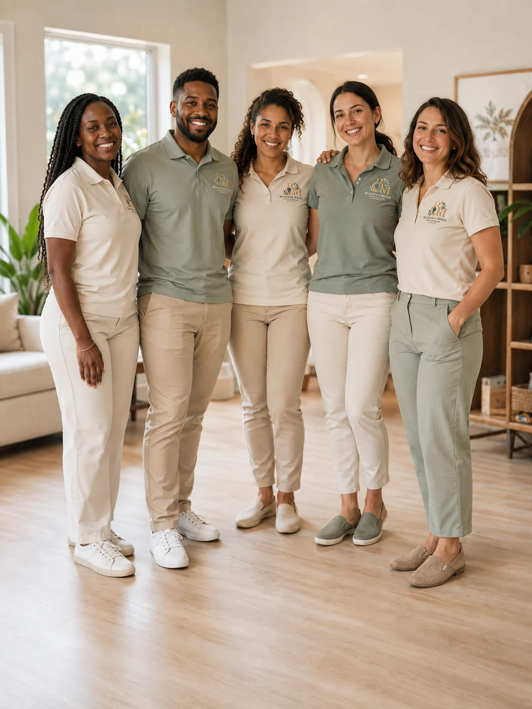 Representative diverse Blooming Minds direct support team in coordinated cream and sage uniforms