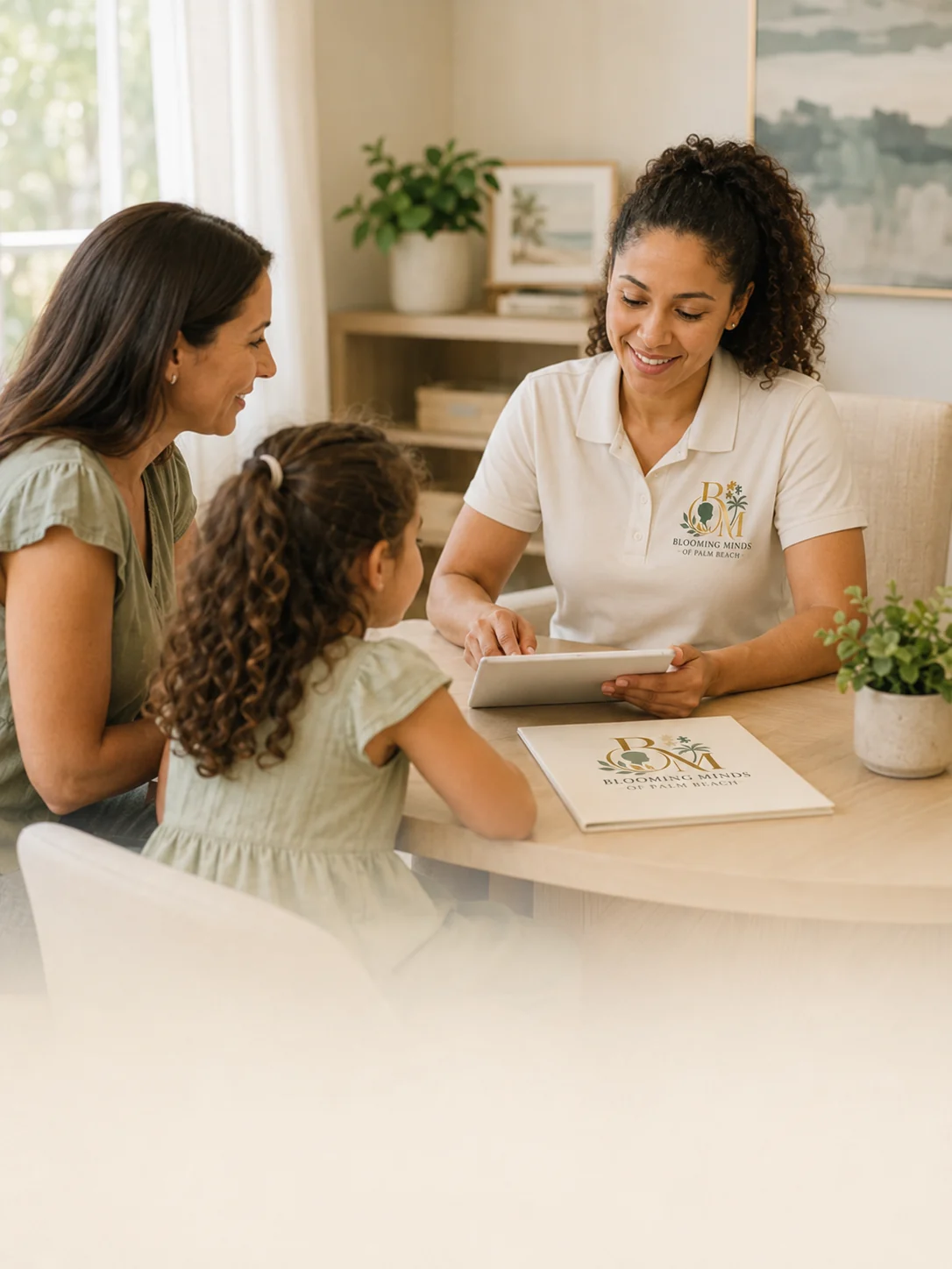 Representative family consultation with a Blooming Minds provider, parent, and child