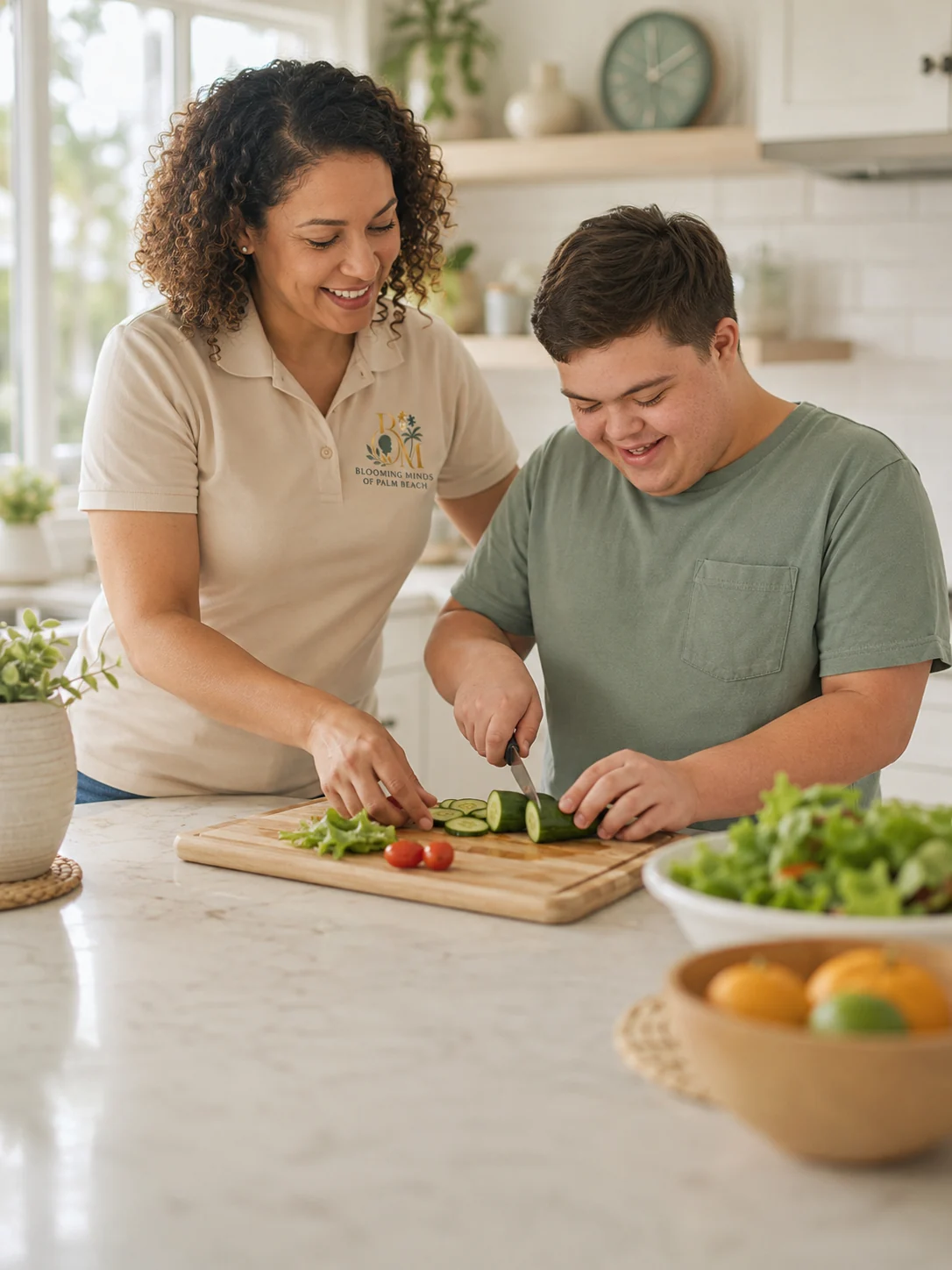 Representative photo of a support professional practicing meal preparation skills with a young adult