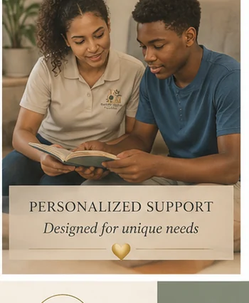 Blooming Minds caregiver helping a young adult read with the words Personalized Support, Designed for unique needs